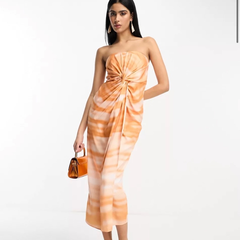 ASOS DESIGN satin bandeau twist front midi dress in watercolour print, Size US 4